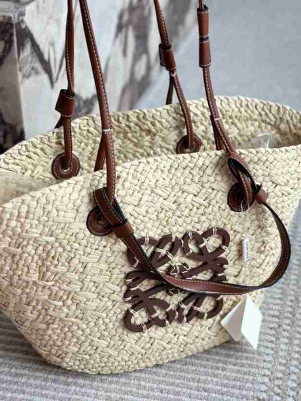 Loewe Beige Brown Leather Trim Straw Tote